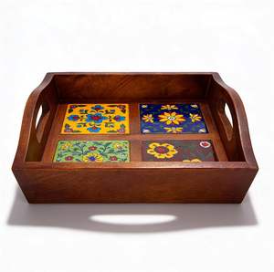 Plateau de service pliable en bois fait à la main avec poignée et carreaux en céramique fleuris pour le petit-déjeuner, le café, les collations, le dîner, le salon - Product Image 1