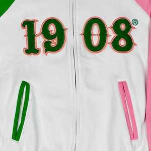 Chaqueta de Forro Polar AKA 1908 Verde Rosa con Bordado Chenille de Letras Griegas, Estilo Universitario, Algodón Premium, Cálida, con Cremallera, Estilo Urbano - Product Image 3