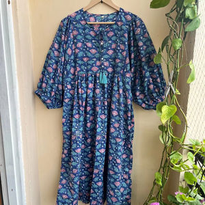 Bohème Floral Coton Maxi Robe Main Bloc Imprimé Indien Ethnique Casual Wear Techniques Brodées Gland Bouton 100% Coton - Product Image 1