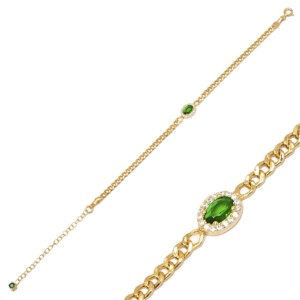 Emerald CZ Stone Oval Shape <b>Charm</b> Gourmet Chain Wholesale Handmade 925 Sterling <b>Silver</b> Jewelry <b>Charm</b> Bracelet - Product Image 1