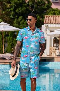 Tenues hawaïennes pour hommes en 2 pièces, chemise à manches courtes à boutons et short, ensembles de survêtements de plage - Product Image 3