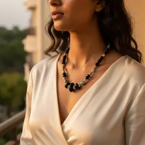 Women's <b>Black</b> Onyx Bead <b>Necklace</b> with Rose Gold Plated Sterling Silver <b>Chains</b> Trendy Diamond Pearl Gift Jewelry Religious Style - Product Image 1