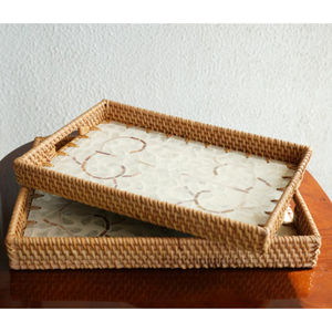 Plateau de service rectangulaire en rotin naturel vintage nacre incrustation florale solide pour la décoration de la table à manger de la maison et de la restauration - Product Image 3