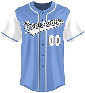 Uniforme deportivo estampado con jersey de béisbol con botones azul claro personalizado para hombres y mujeres con nombre y número - Product Image 3