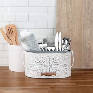 Organizador de cuchara de Metal galvanizado con diseño Floral blanco decorativo más vendido, almacenamiento de utensilios de cocina, pinzas para ollas con mango de madera - Product Image 5