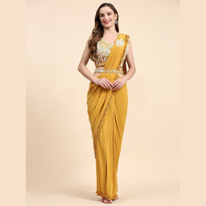 Lanzamiento de hermosa tela importada de diseñador con volantes con exquisito cinturón de trabajo hecho a mano Sari ready made al por mayor por Royal Export - Product Image 1