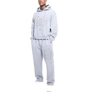 Personalizado 100% algodón de los hombres de alta calidad pantalones de chándal holgados Sudadera con capucha conjunto de gran tamaño pesado apilado chándal diseño en blanco - Product Image 1