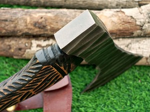 High Quality Custom Carbon Steel Viking <b>Axe</b> Kitchen Chef Knife Hand Forged Engraved <b>Wood</b> Handle with Leather Sheath MOQ 5 Pcs - Product Image 3