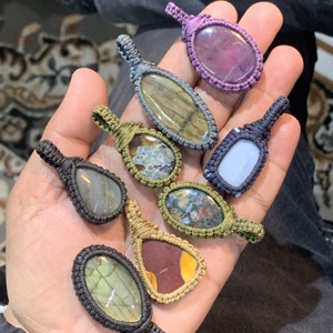 Pendentif en macramé en pierre précieuse naturelle, pendentifs en pierres précieuses de haute qualité, sertis de rhodium, style bohème, bijoux cadeau - Product Image 2