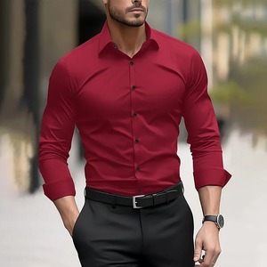 Chemise d'été décontractée pour hommes d'affaires couleur unie mariage extérieur noir rouge bleu marine vert foncé manches longues - Product Image 5