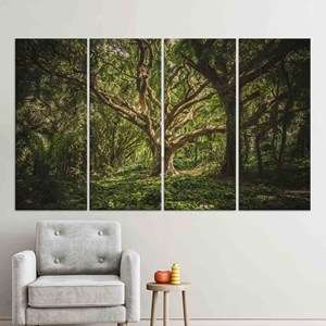 Impresión en lienzo de paisaje de árboles antiguos: arte minimalista de pared en vidrio templado, JUEGO DE 4 LIENZOS - Product Image 1