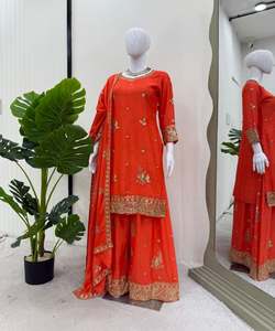 FIL DE SOIE CHINON ATTRACTIF ET HAUT DE TRAVAIL DE SÉQUENCE PALAZZO AVEC DUPATTA PARTY WEAR PRIX DE GROS VÊTEMENT ETHNIQUE NOIR - Product Image 2