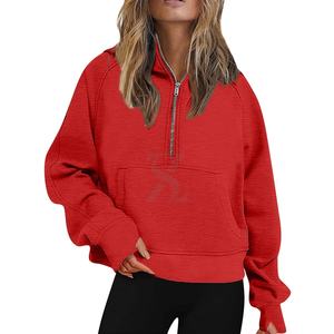 Sudaderas con capucha de algodón de alta calidad para mujer Sudaderas con media cremallera de fábrica personalizadas con cuello simulado lavado y bordado Servicio OEM - Product Image 1