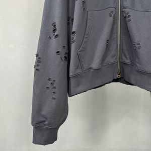 2025 Spring & Autumn New Washed Destroyed Double Zip-Up <b>Hoodie</b> Casual, Trendy, Oversized Mens Ripped <b>Hoodie</b> - Product Image 6