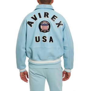 Best Selling Avirex <b>Men's</b> Custom Size <b>Leather</b> <b>Jacket</b> in Blue Stand Collar High Street Style <b>Leather</b> <b>Jacket</b> - Product Image 4