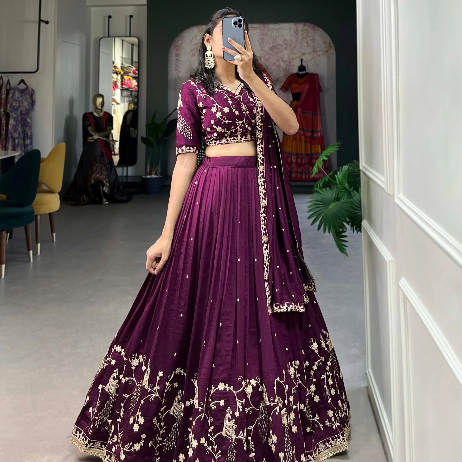 strapless open back dress Light Purple Embroidered Lehenga main image 1