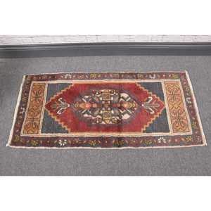 Turkish Vintage Rug, 1.6x3.4 ft Small Rug, <b>Red</b> Gray Moroccan <b>Wool</b> Rug - Product Image 2
