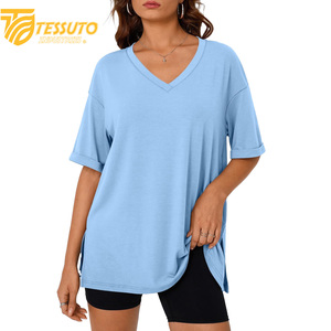 เสื้อยืดคอวีคอวีผ้าฝ้ายสำหรับ100% ของผู้หญิงเสื้อยืดโอเวอร์ไซส์พิมพ์โลโก้ธรรมดาขนาดใหญ่ออกแบบได้ตามที่ต้องการ - Product Image 5