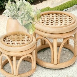 Indoor Woven Flower Pot Bottom Balcony Stool Set of 2 Rattan Wicker Plant Stand Ottoman for Living Room Bone Inlay Console - Product Image 2