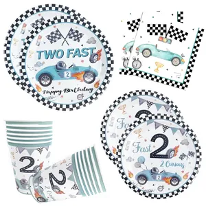 Deux assiettes de fête d'<span class=keywords><strong>anniversaire</strong></span> rapides, motif de voiture de course, vaisselle jetable en papier, bleu, noir, blanc, fournitures de fête, décoration de <span class=keywords><strong>table</strong></span> - Product Image 1