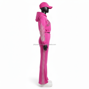 Survêtement d'hiver pour femmes en polaire 300 GSM Polyester Coton Toucher doux Design de panneau rose Logo en strass thermocollé Survêtements grande taille - Product Image 3