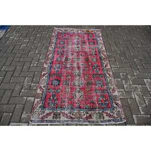 Vintage Rug, 3.3x6.3 ft Turkish Rug, <b>Red</b> Blue Polka dot <b>Wool</b> Rug - Product Image 1