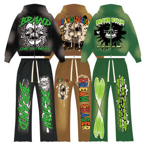 Sweat-shirt 100% coton avec logo personnalisé pour hommes, sweat à capuche délavé à l'acide et pantalon évasé avec fermeture éclair, ensemble 2 pièces décontracté pour l'hiver - Product Image 1