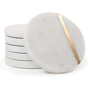 Luxury <b>White</b> Ceramic Classic <b>Coasters</b> Set of 6 with Gold Brass Inlay Durable & Eco-Friendly - Product Image 1