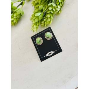 Navajo-Made Sonoran Mountain Turquoise & Sterling <b>Silver</b> <b>Stud</b> Earrings Bezel Setting for Gift - Product Image 3