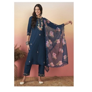 Tunique de créateur élégante classique pure Chanderi Dupatta avec pantalon Kurti brodé pour tenue de soirée régulière à vendre - Product Image 1