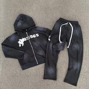 ชุดเซ็ตฮู้ดดี้สองชิ้นผ้าฝ้ายเฟรนช์เทอร์รี่เนื้อหนาสำหรับผู้ชาย สไตล์วินเทจฟอกสี ทรงโอเวอร์ไซส์ สีซีดจางแบบโดนแดด ประดับคริสตัลหลากสี - Product Image 1