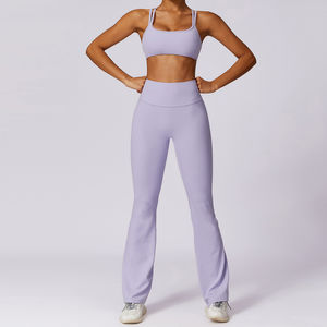 Ensemble de yoga côtelé personnalisé pour femmes, 2 pièces, devant en spandex/nylon, vêtements de sport actifs respirants, solides, pour la salle de sport, vêtements de sport antibactériens, séchage rapide - Product Image 5