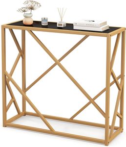Gold Color Metal <b>Console</b> <b>Table</b> with <b>Black</b> Glass Top Sleek Design for Entryway Living Room or Hallway Deco - Product Image 1