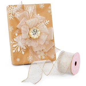 Solid Gold Dots on Sheer Organza <b>Wired</b> <b>Ribbon</b> Metallic Christmas and Birthday Gift <b>Ribbon</b> with Floral Style Spool Included - Product Image 1