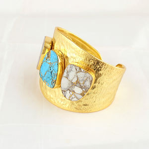 Bohemian jewelry mohave copper turquoise gemstone open <b>cuff</b> <b>bracelet</b> brass 18k gold plated hammered texture wide band <b>bracelet</b> - Product Image 3