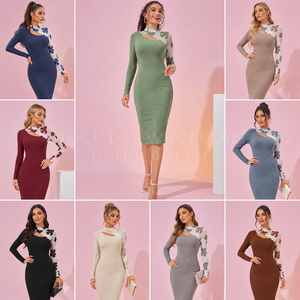 Vestido midi ajustado de cuello alto para mujer, manga larga, estampado floral, con aberturas, estilo suéter de punto, sexy, estilo club, ropa de mujer. - Product Image 3
