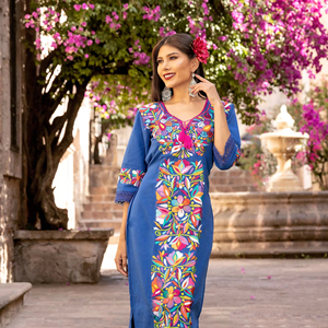 green emerald velvet dress Andrea Floral Mexican Embroidered Dress- Vestido Mexicano Bordado Floral
