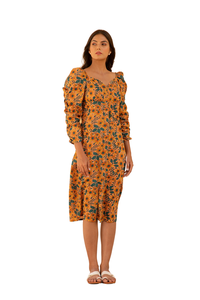Peach Cobbler Floral Robe à manches longues volumineuses avec décolleté en coeur Robe fantaisie une pièce disponible à un prix abordable - Product Image 4