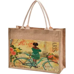 New Wholesale Large Jute Bag Supplier Linen Pocket Tote Bag Burlap Women Shopping Bag with Logo Design