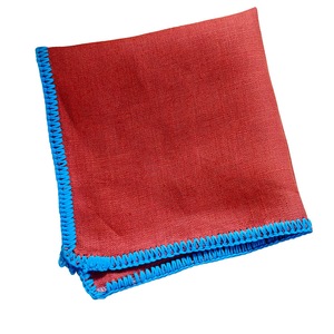 Handmade Knitted <b>Edge</b> Signature Border Linen Pocket <b>Square</b> Red and Blue Tile Design Men's Blazer Suit Dining Accessory - Product Image 2