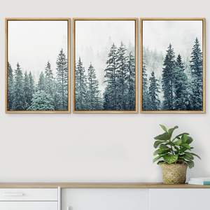 Framed Canvas Print Wall Art Woodland <b>Nursery</b> <b>Decor</b> Set Film Grain Misty Mountain Pine Trees Nature Wilderness Modern Art Chic - Product Image 4
