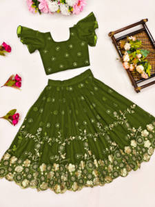 Shoryam - Lehenga Choli Tradicional India para Niñas, Traje de Fiesta de Boda, Largo hasta el Suelo, Bordado con Lentejuelas Verdes, Estilo Étnico - Product Image 2