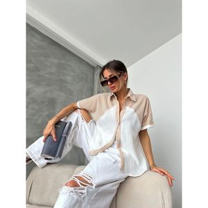 Topshow Stone Gray Striped Drop Shoulder <b>Linen</b> Blend Shirt for Women, Casual Cotton Polyester Blouse with Line Details - Product Image 3