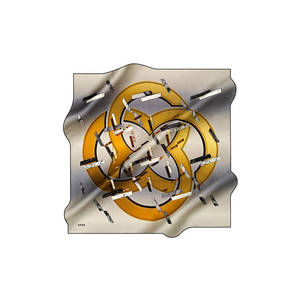 Vintage Beige Satin Silk Square Scarf with Designer Logo Pattern - Product Image 1