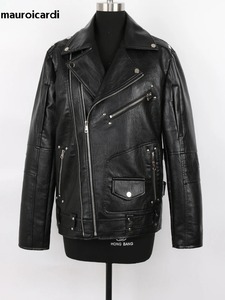 Chaqueta de manga larga con cremallera estilo Mauroicardi para hombre, chaqueta de cuero de motorista PU negro, moda de talla grande para primavera y otoño - Product Image 5