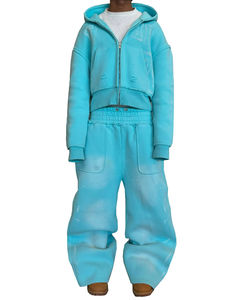 Customized Streetwear 100% Cotton Heavyweight Distressed <b>Cropped</b> Acid Washed Oversized <b>Zip</b> <b>up</b> Sweatpants and <b>Hoodie</b> Set - Product Image 6