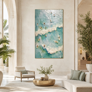 Grande Peinture Abstraite Peinte à la Main, Surfistes Aériens, Toile à l'Huile, Médiathèque Mixte, Océan Turquoise, Décoration de Couloir de Resort de Luxe, Aluminium - Product Image 2