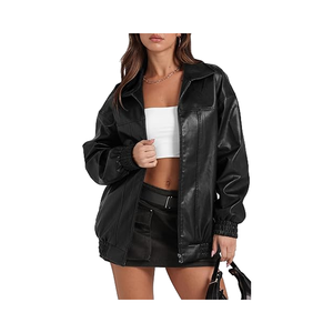แจ็กเก็ตทรงบอมเบอร์หนังแกะสำหรับผู้หญิง, เสื้อแจ็กเก็ตทรงโอเวอร์ไซส์มีซิปปิดผ้าแคนวาสแปนเด็กซ์โพลีเอสเตอร์แฟชั่นฤดูหนาว - Product Image 1