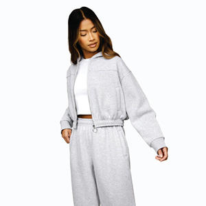 65% coton 35% Polyester recadrée athlétisme Club pleine fermeture éclair <span class=keywords><strong>capuche</strong></span> gris chiné femmes survêtement haut <span class=keywords><strong>à</strong></span> <span class=keywords><strong>capuche</strong></span> - Product Image 1