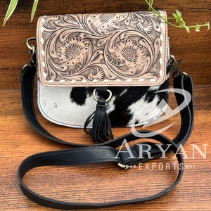 Designers Hand <b>Tooled</b> <b>Leather</b> Crossbody Bag for Women Western Hair on Cowhide <b>Leather</b> Tassel Purses Embossed Floral Pattern Bag - Product Image 1
